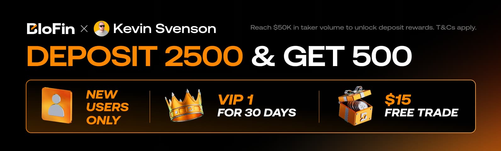 BloFin × Kevin Svenson: deposit 2500 and get 500. New users only, VIP 1 for 30 days, $15 free trade.